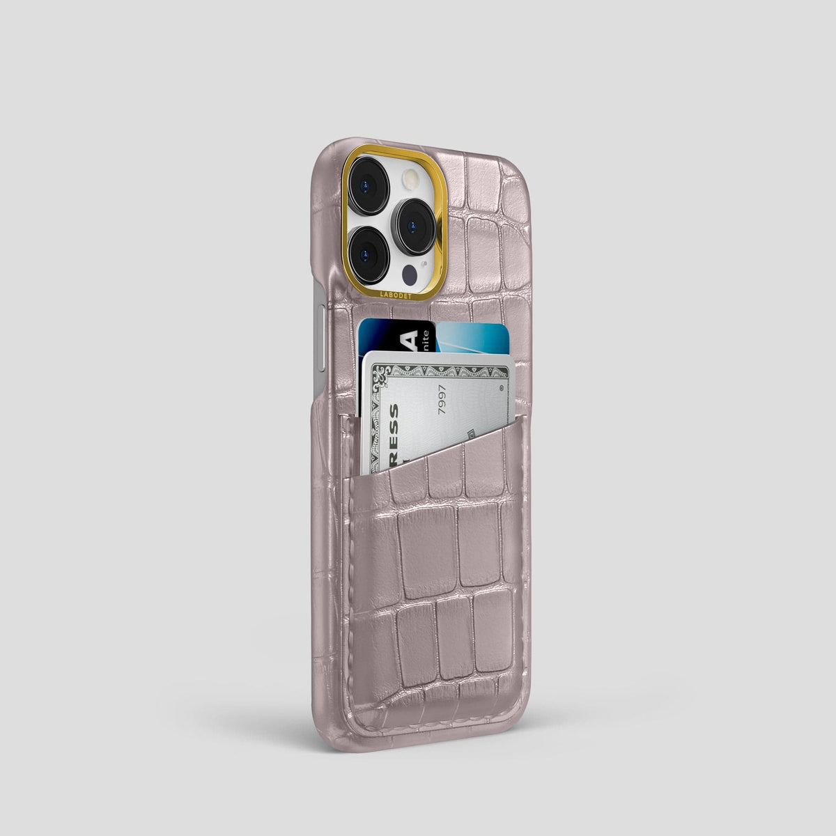 Pearlized-Pink iPhone 15 Pro Card Case Alligator with Gold Metal -2 | Pearlized-Pink-Gold