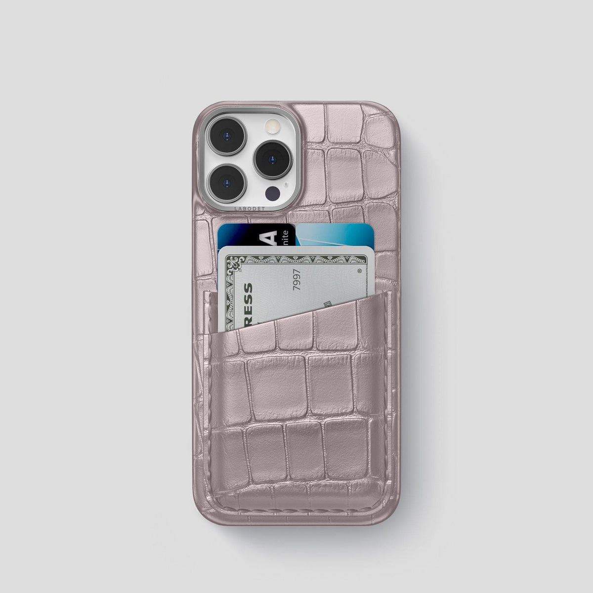 Pearlized-Pink iPhone 15 Pro Card Case Alligator with Steel Metal -1 | Pearlized-Pink-Steel