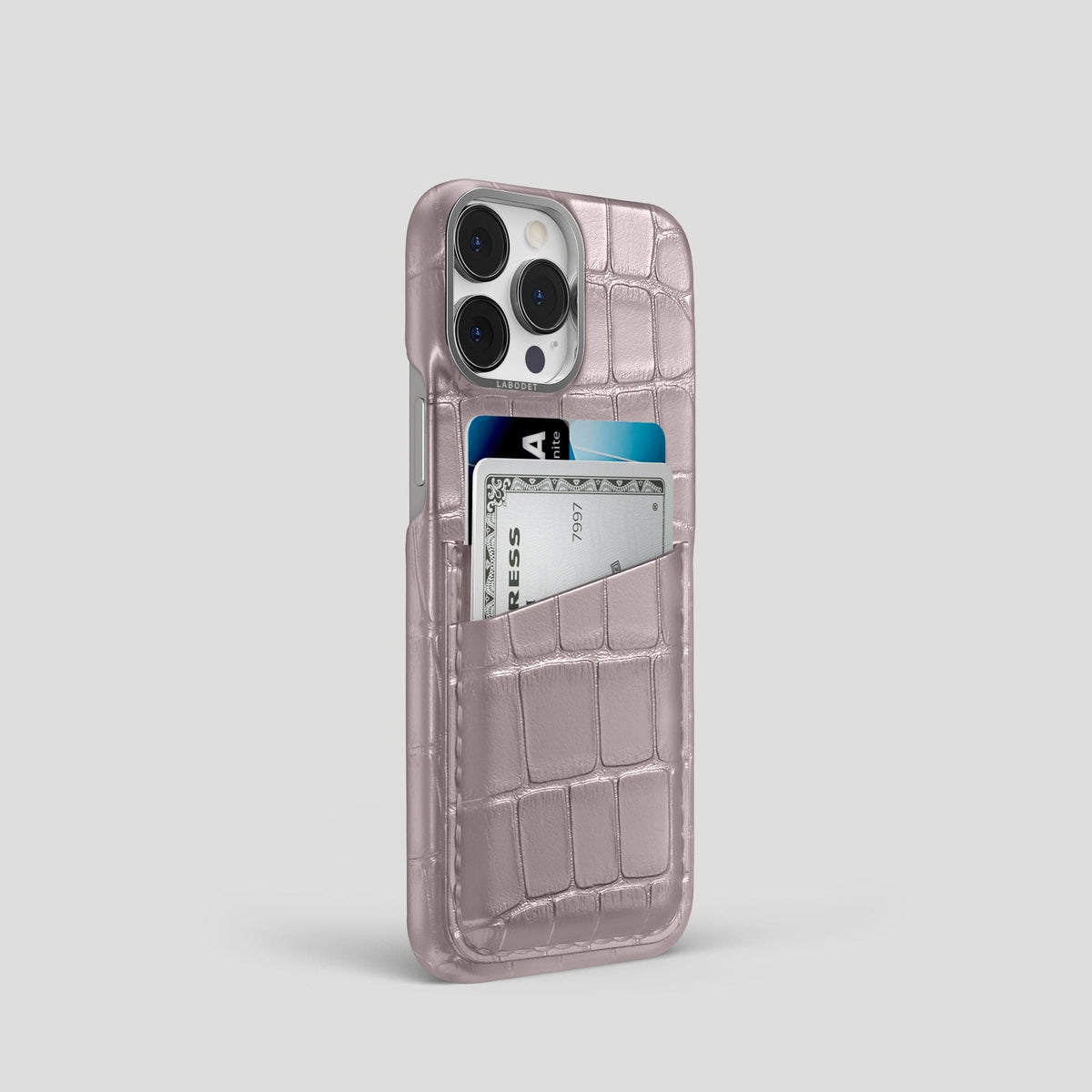Pearlized-Pink iPhone 15 Pro Card Case Alligator with Steel Metal -2 | Pearlized-Pink-Steel