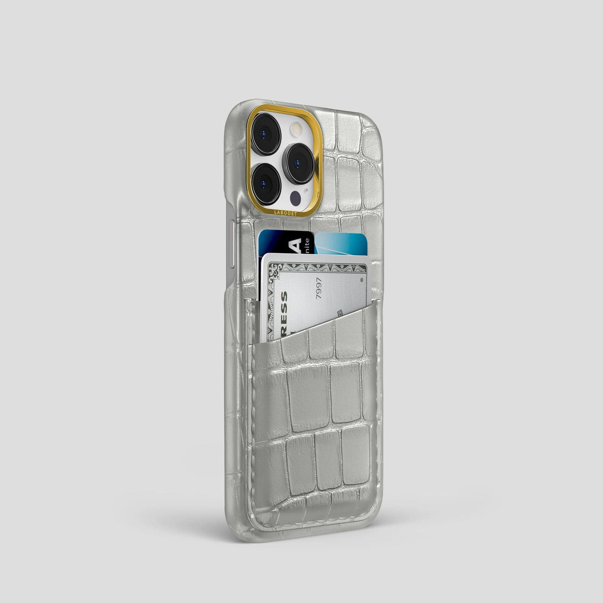 Pearlized-White iPhone 15 Pro Card Case Alligator with Gold Metal -2 | Pearlized-White-Gold