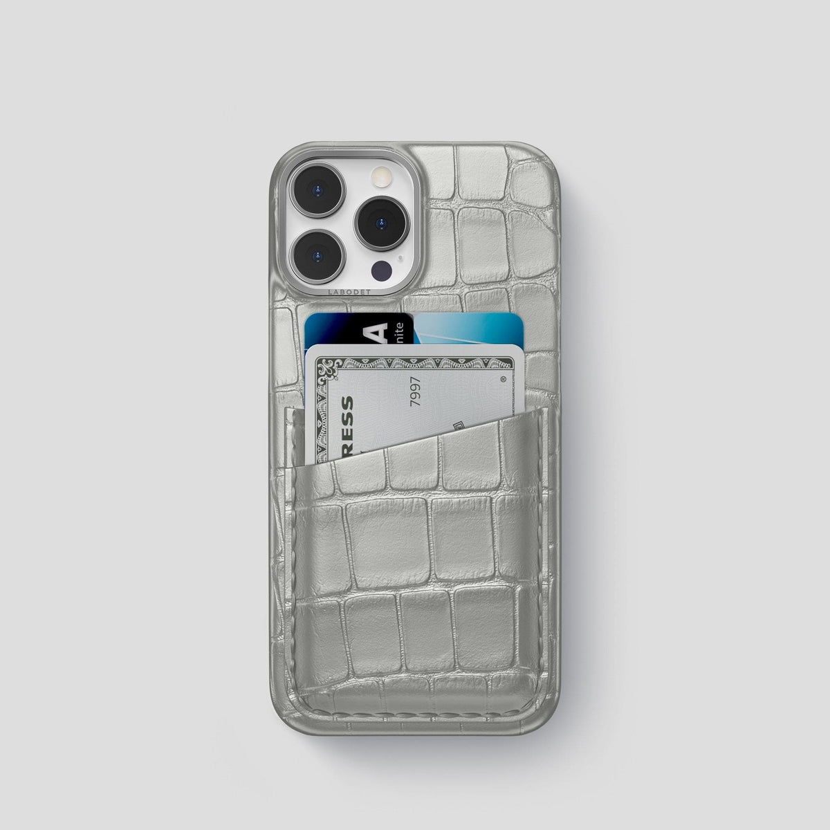 Pearlized-White iPhone 15 Pro Card Case Alligator with Steel Metal -1 | Pearlized-White-Steel