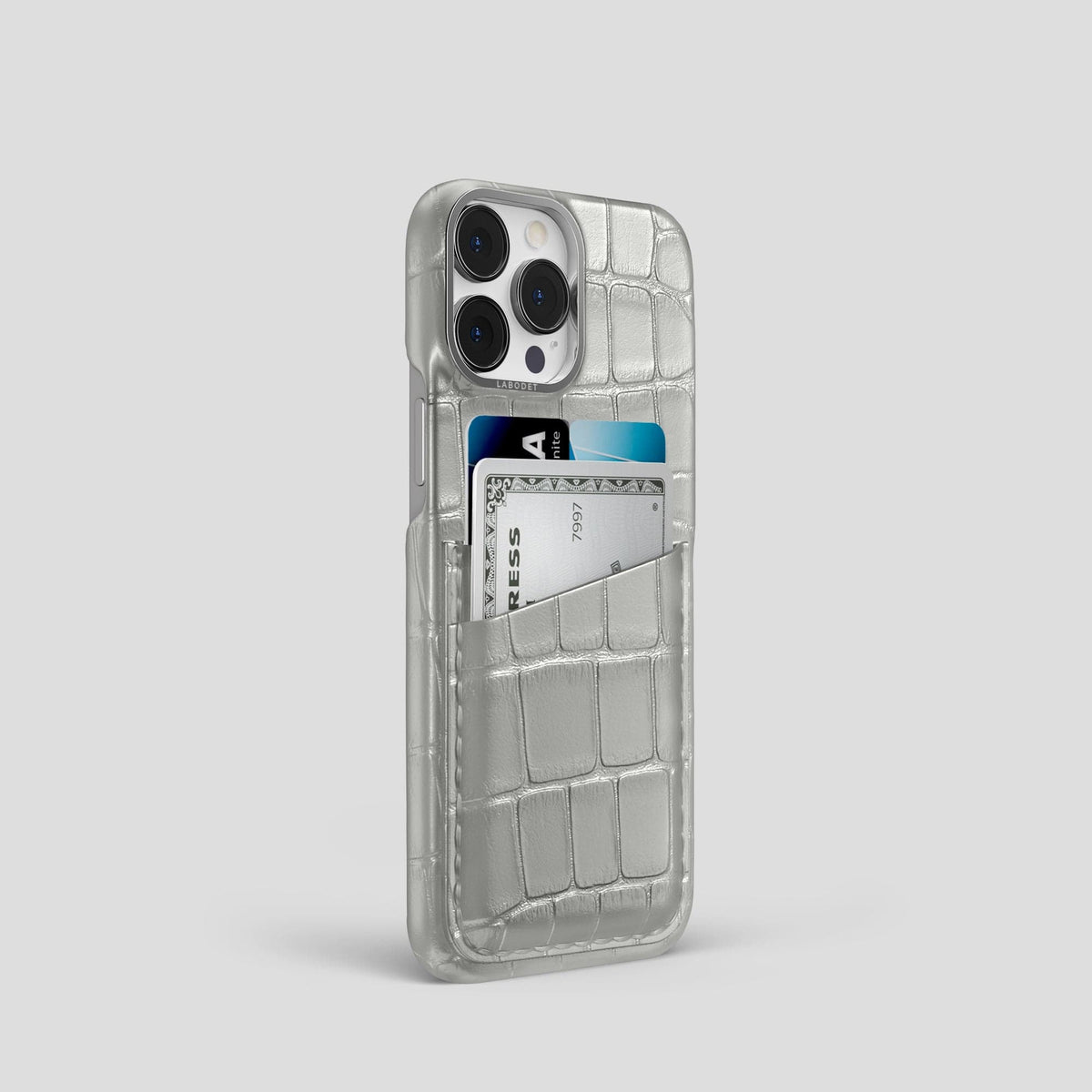 Pearlized-White iPhone 15 Pro Card Case Alligator with Steel Metal -2 | Pearlized-White-Steel