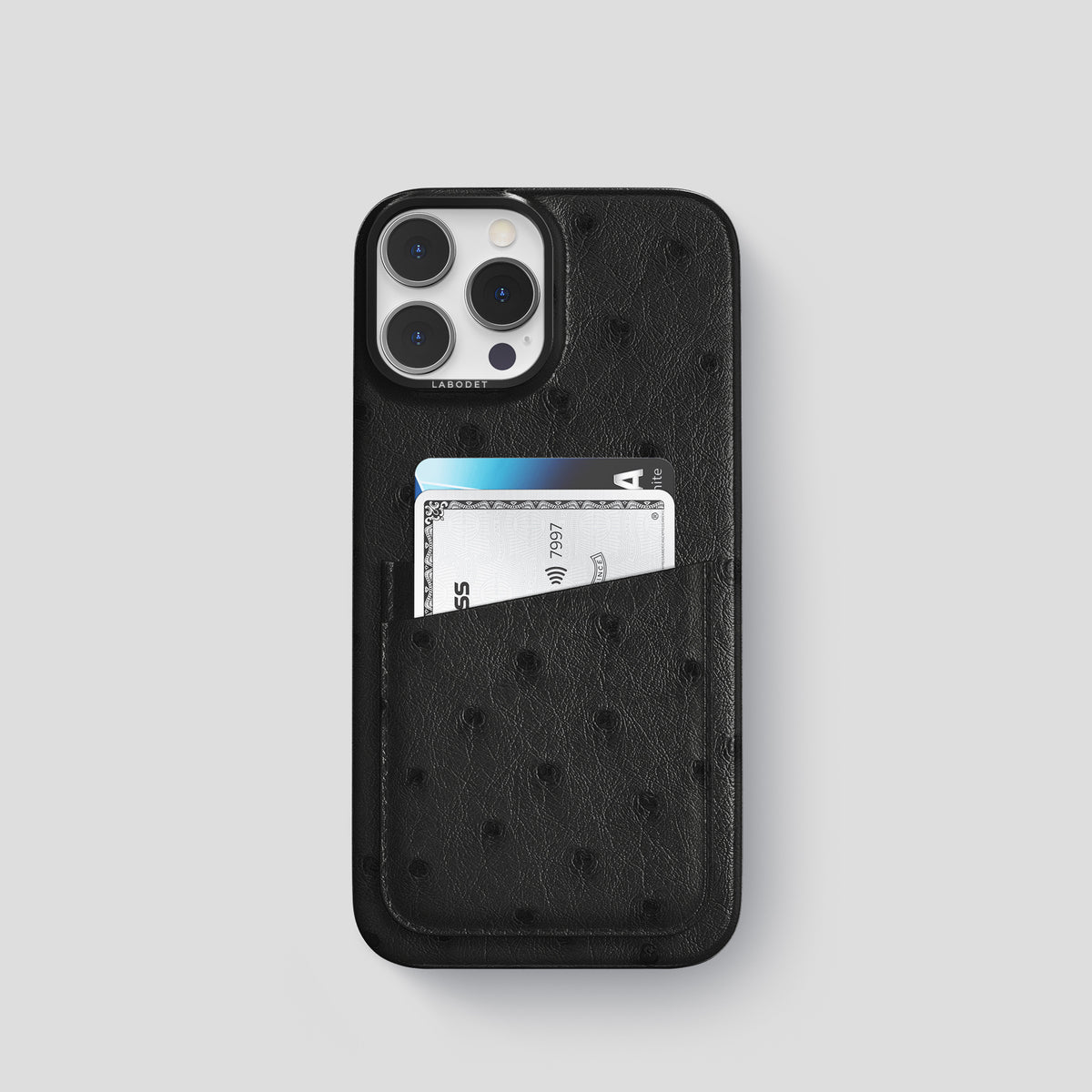 Black iPhone 15 Pro Card Case Ostrich with Black Metal -1 | Black-Black