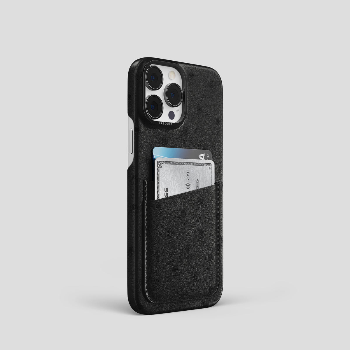 Black iPhone 15 Pro Card Case Ostrich with Black Metal -2 | Black-Black