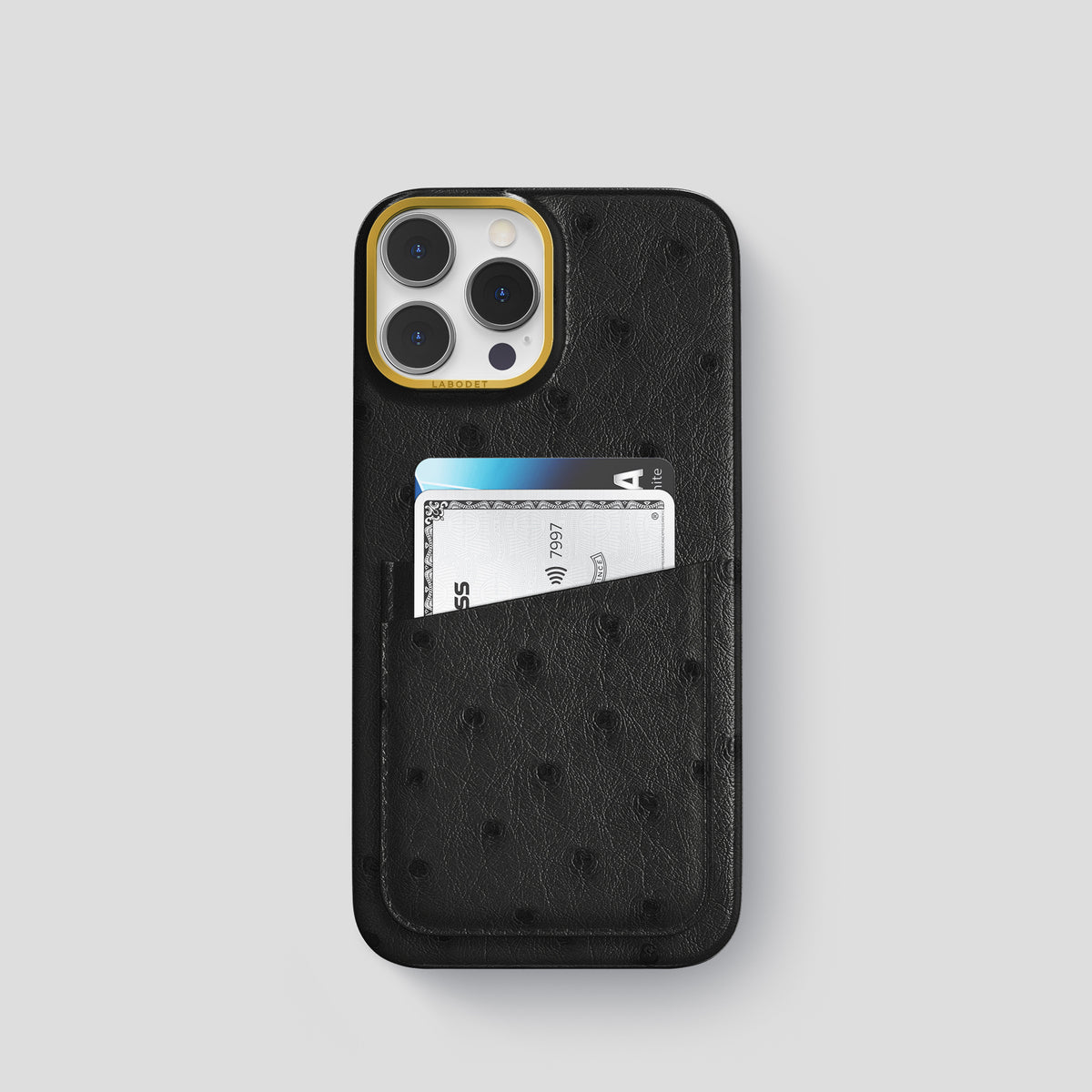Black iPhone 15 Pro Card Case Ostrich with Gold Metal -1 | Black-Gold