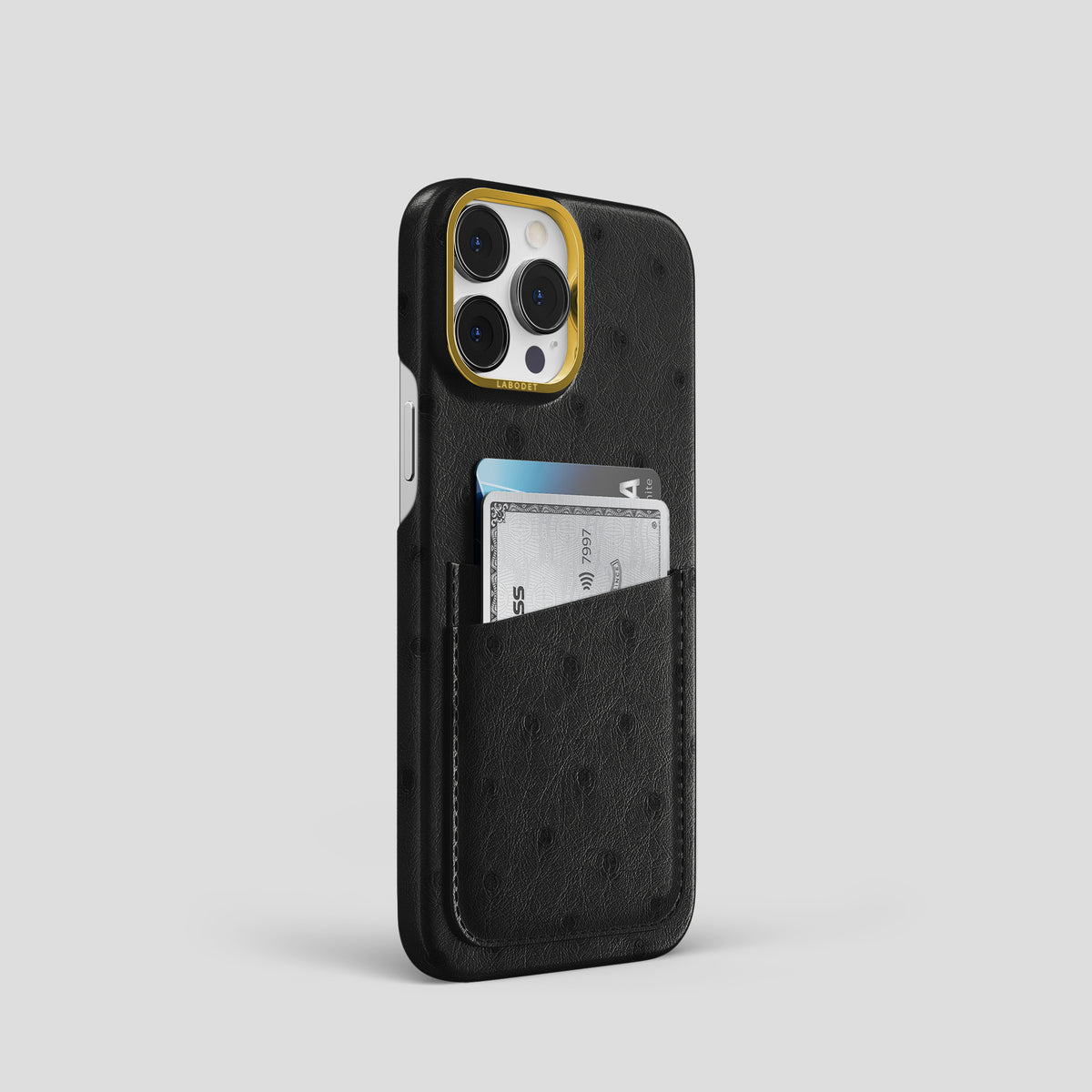 Black iPhone 15 Pro Card Case Ostrich with Gold Metal -2 | Black-Gold