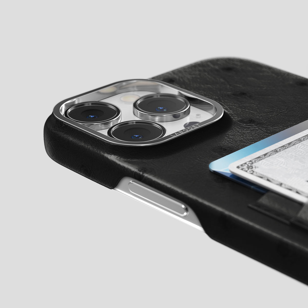Black iPhone 15 Pro Card Case Ostrich with Steel Metal -5 | Black-Steel