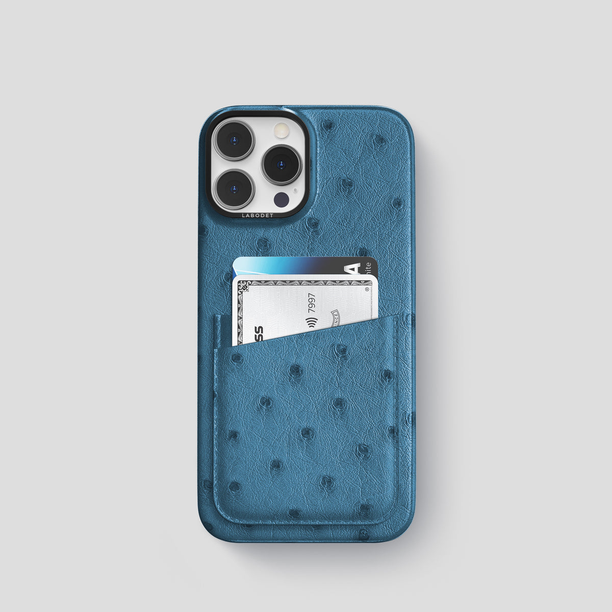 Blue-Jeans iPhone 15 Pro Card Case Ostrich with Black Metal -1 | Blue-Jeans-Black
