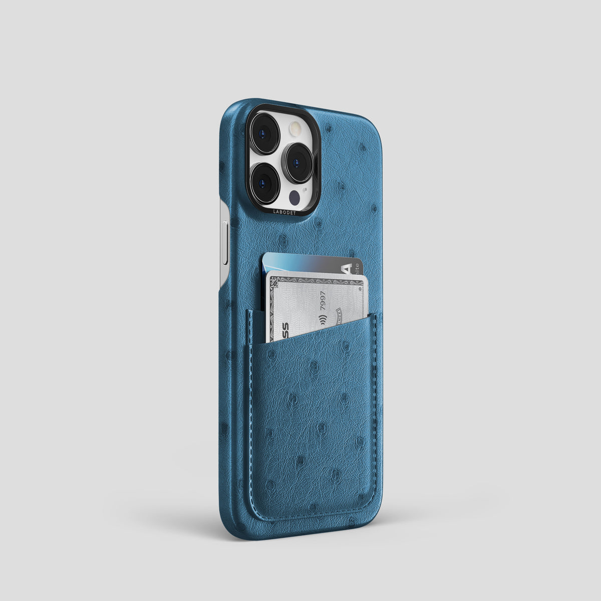 Blue-Jeans iPhone 15 Pro Card Case Ostrich with Black Metal -2 | Blue-Jeans-Black