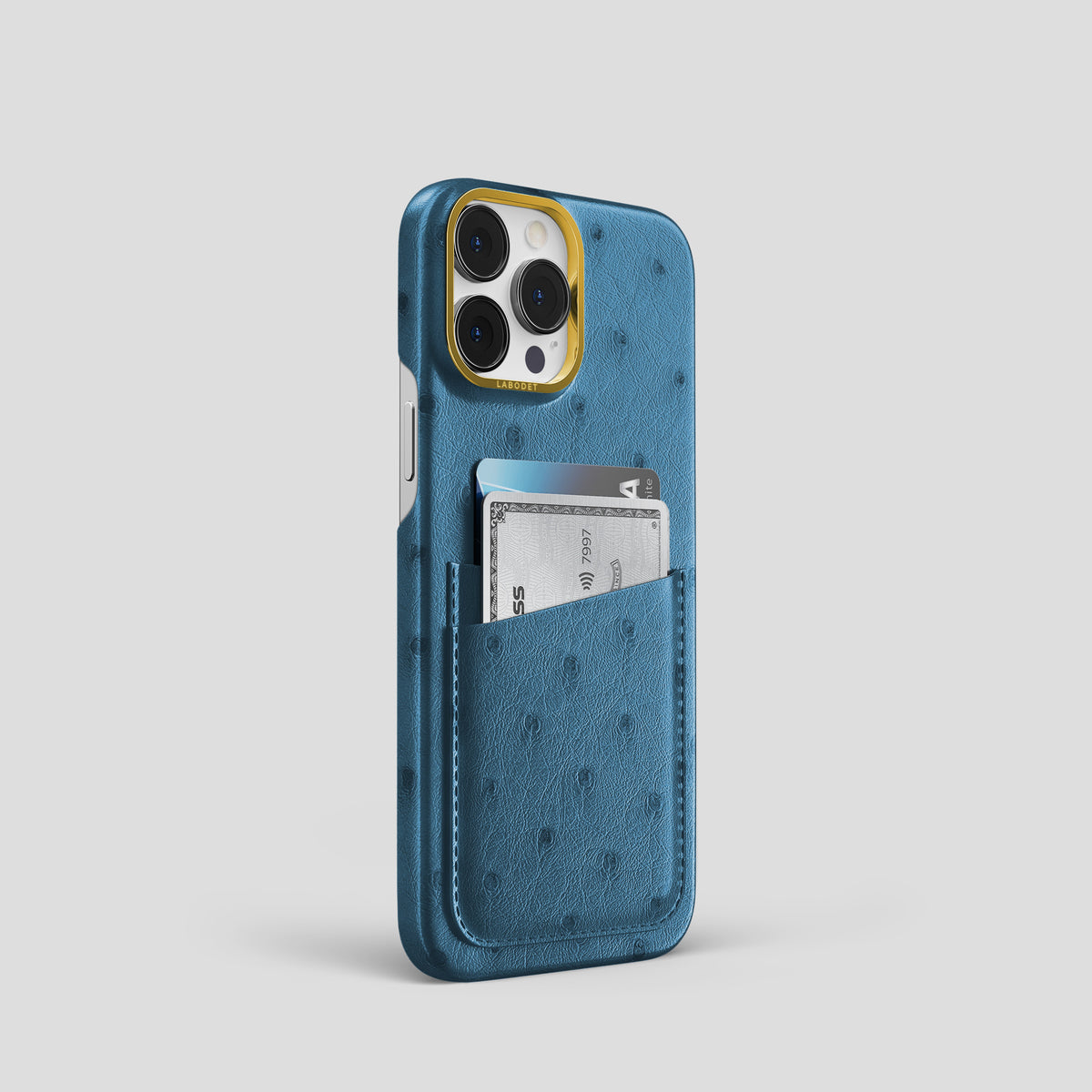 Blue-Jeans iPhone 15 Pro Card Case Ostrich with Gold Metal -2 | Blue-Jeans-Gold