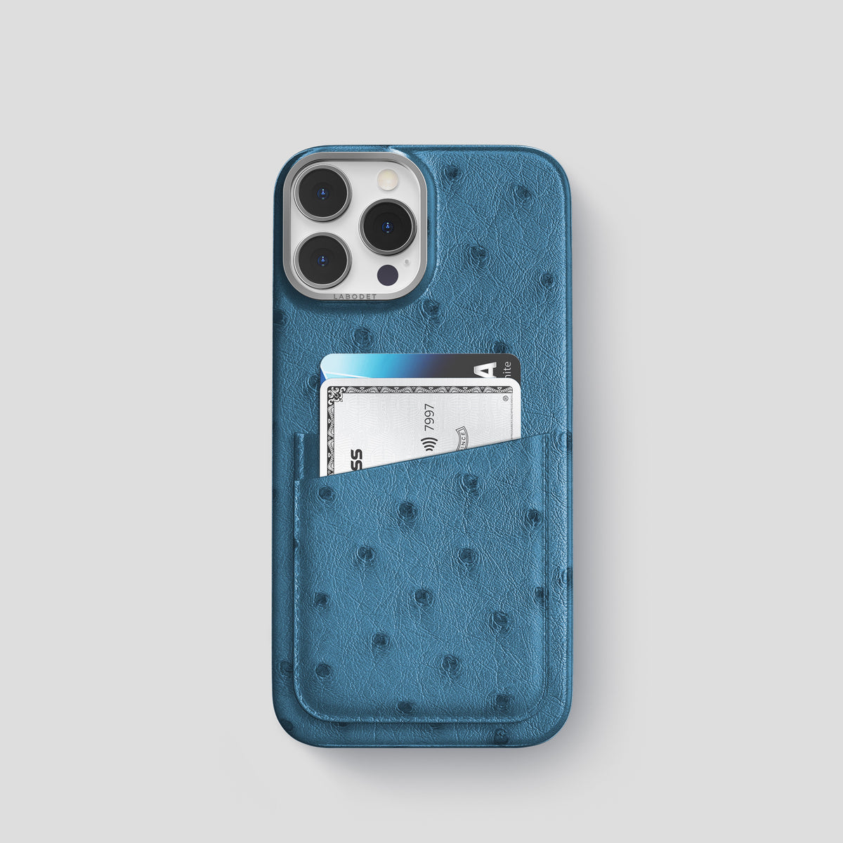 Blue-Jeans iPhone 15 Pro Card Case Ostrich with Steel Metal -1 | Blue-Jeans-Steel