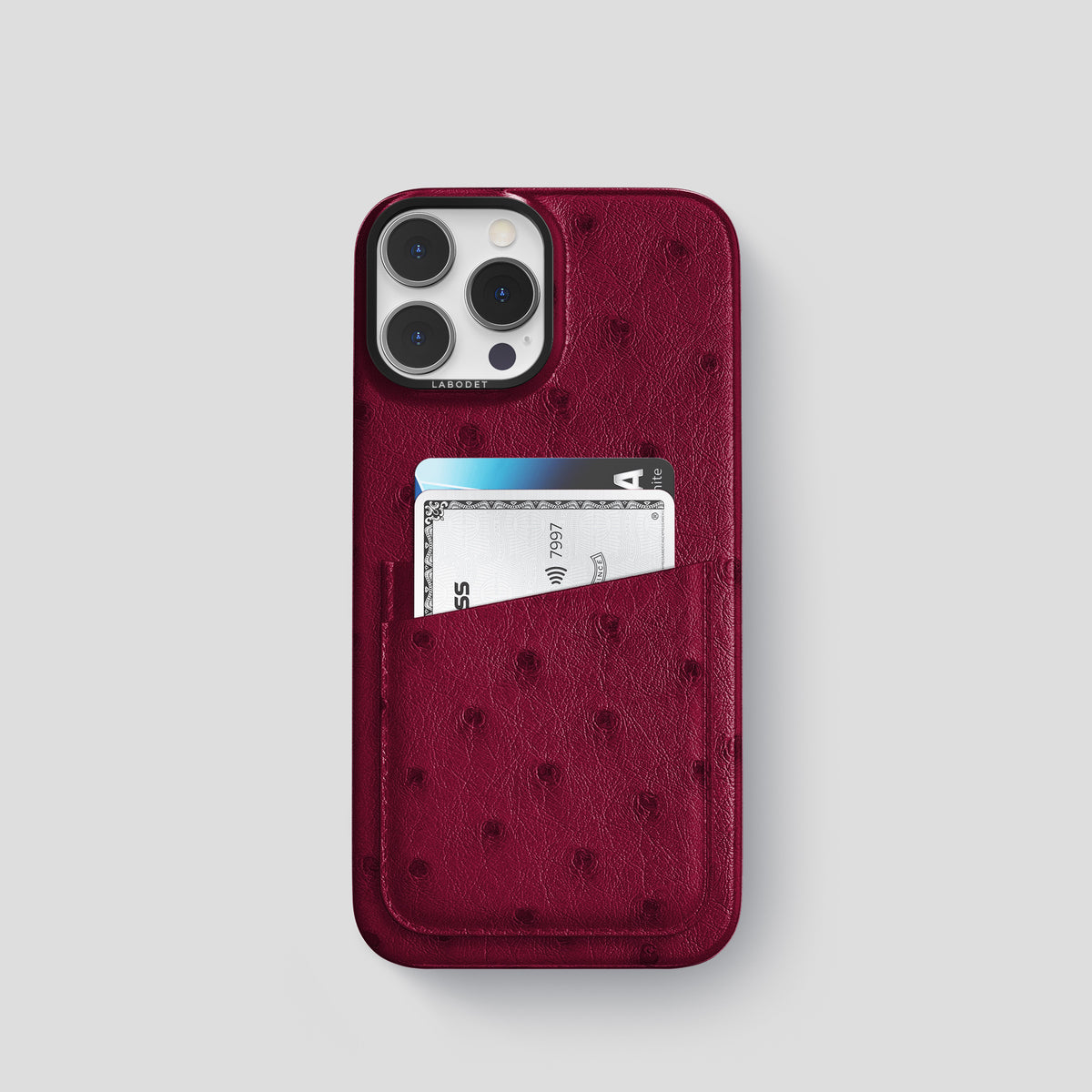 Bordeaux iPhone 15 Pro Card Case Ostrich with Black Metal -1 | Bordeaux-Black