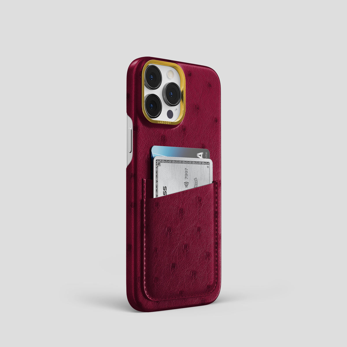 Bordeaux iPhone 15 Pro Card Case Ostrich with Gold Metal -2 | Bordeaux-Gold
