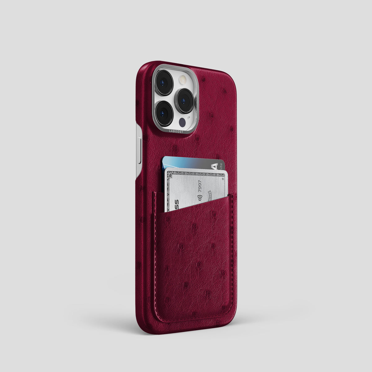 Bordeaux iPhone 15 Pro Card Case Ostrich with Steel Metal -2 | Bordeaux-Steel
