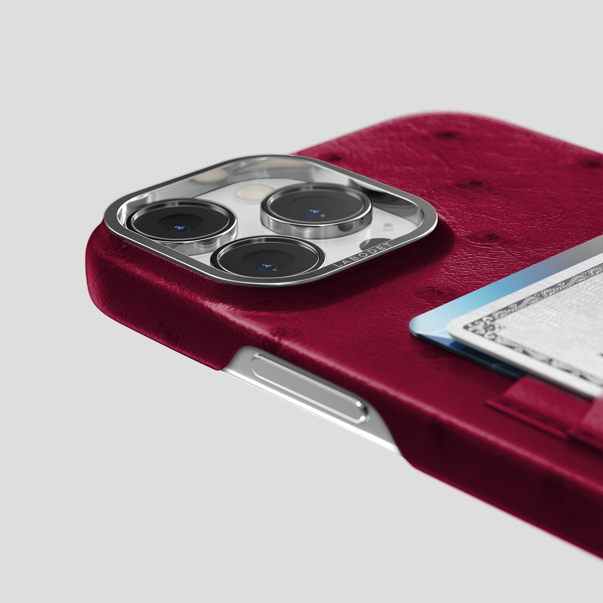 Bordeaux iPhone 15 Pro Card Case Ostrich with Steel Metal -5 | Bordeaux-Steel