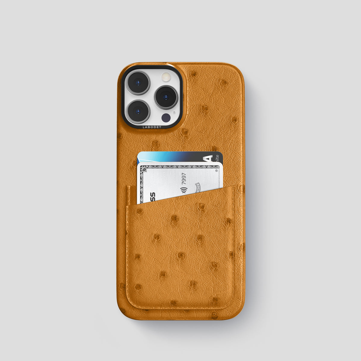 Chestnut iPhone 15 Pro Card Case Ostrich with Black Metal -1 | Chestnut-Black