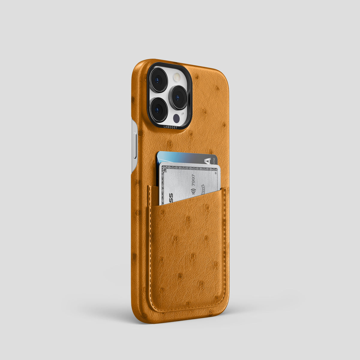 Chestnut iPhone 15 Pro Card Case Ostrich with Black Metal -2 | Chestnut-Black
