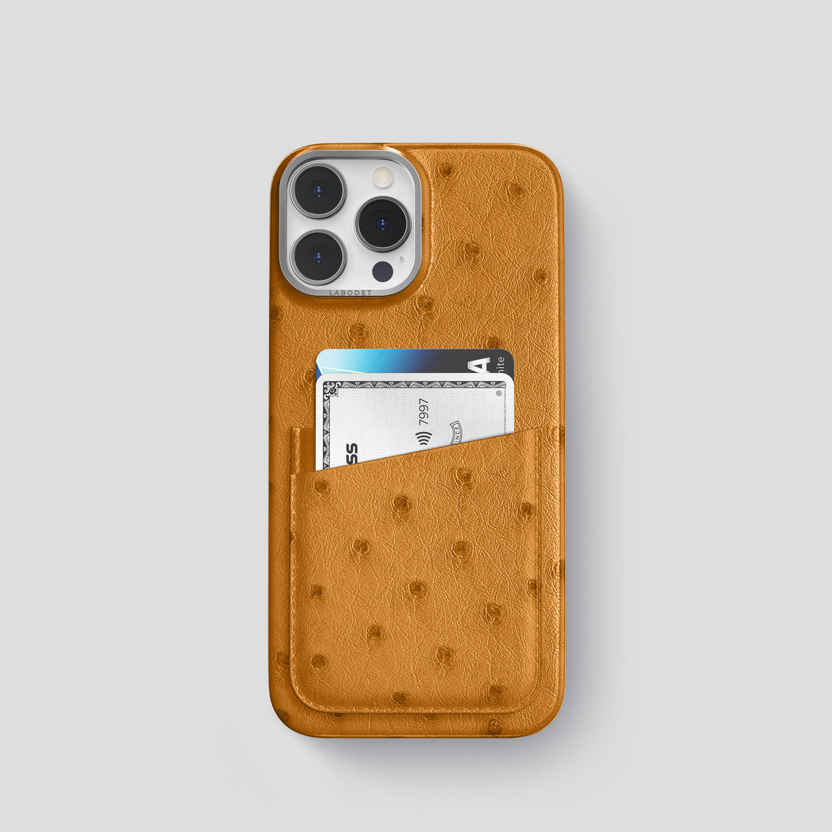 Chestnut iPhone 15 Pro Card Case Ostrich with Steel Metal -1 | Chestnut-Steel