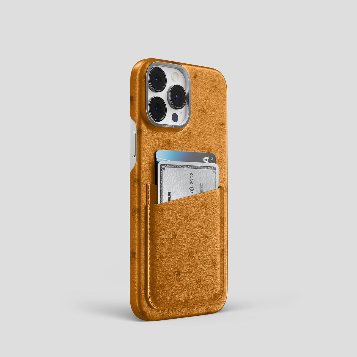 Chestnut iPhone 15 Pro Card Case Ostrich with Steel Metal -2 | Chestnut-Steel