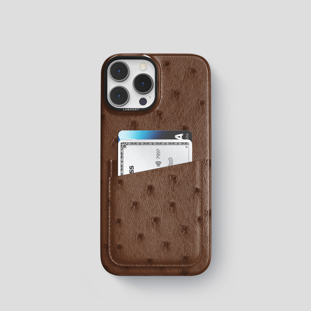 Chocolate iPhone 15 Pro Card Case Ostrich with Black Metal -1 | Chocolate-Black
