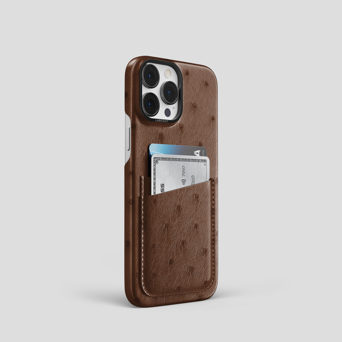 Chocolate iPhone 15 Pro Card Case Ostrich with Black Metal -2 | Chocolate-Black