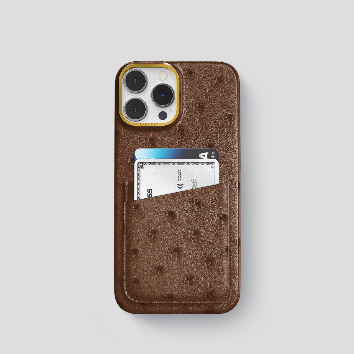 Chocolate iPhone 15 Pro Card Case Ostrich with Gold Metal -1 | Chocolate-Gold