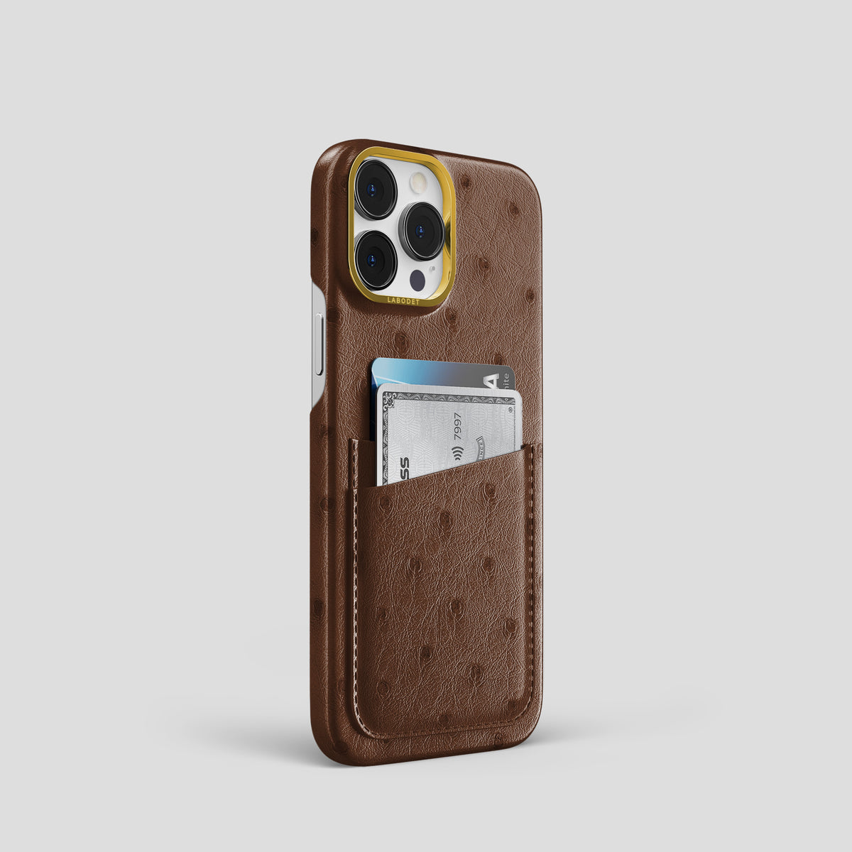 Chocolate iPhone 15 Pro Card Case Ostrich with Gold Metal -2 | Chocolate-Gold