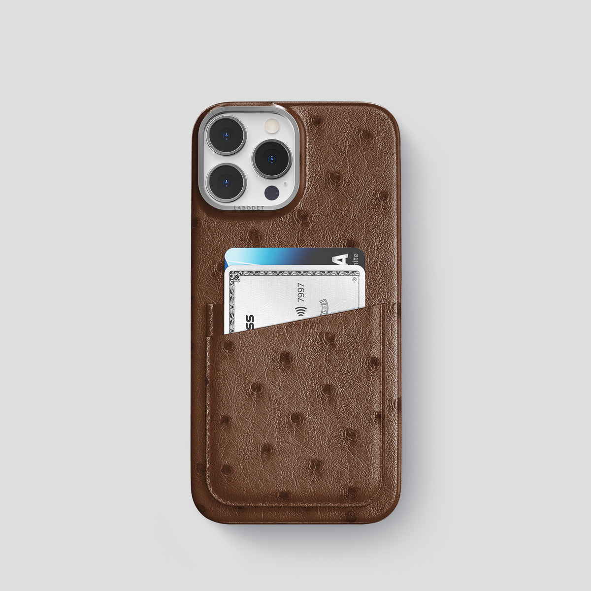 Chocolate iPhone 15 Pro Card Case Ostrich with Steel Metal -1 | Chocolate-Steel