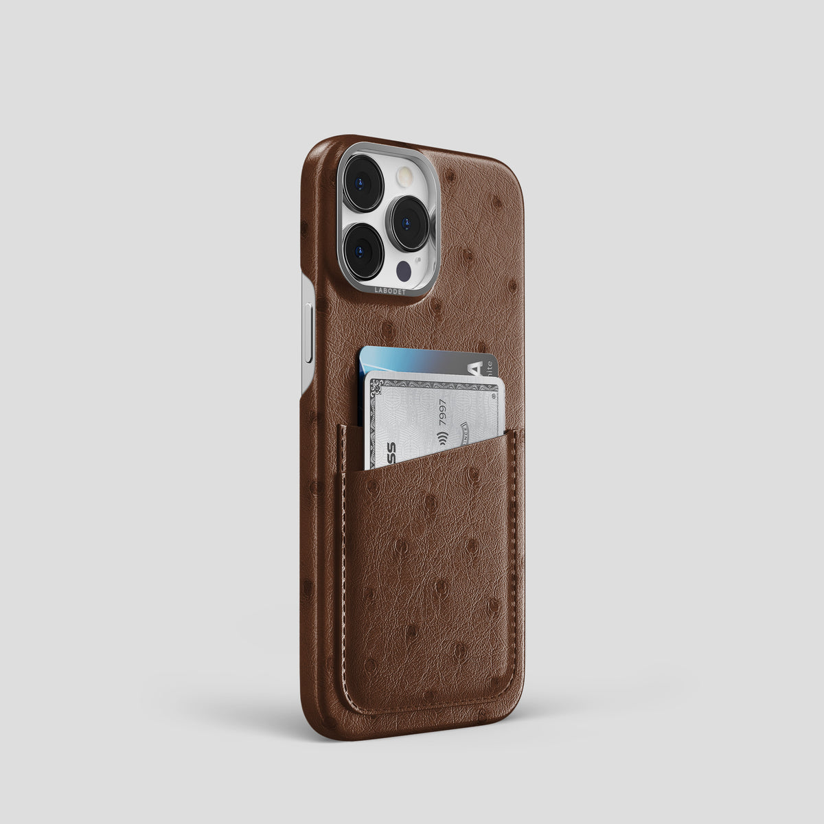 Chocolate iPhone 15 Pro Card Case Ostrich with Steel Metal -2 | Chocolate-Steel