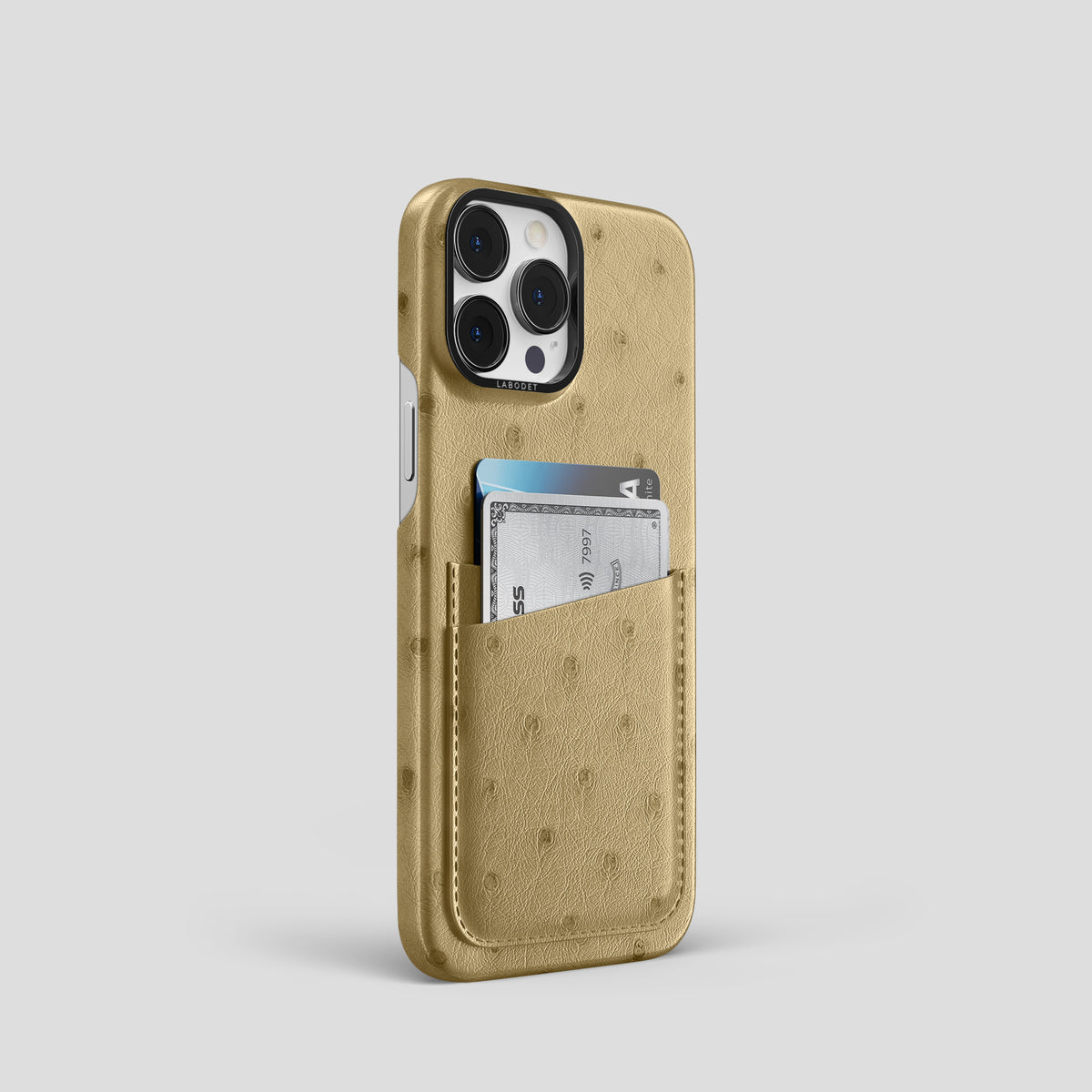 Desert-Sand iPhone 15 Pro Card Case Ostrich with Black Metal -2 | Desert-Sand-Black