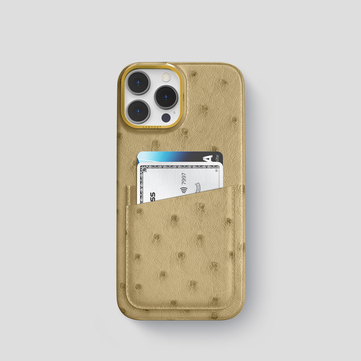 Desert-Sand iPhone 15 Pro Card Case Ostrich with Gold Metal -1 | Desert-Sand-Gold