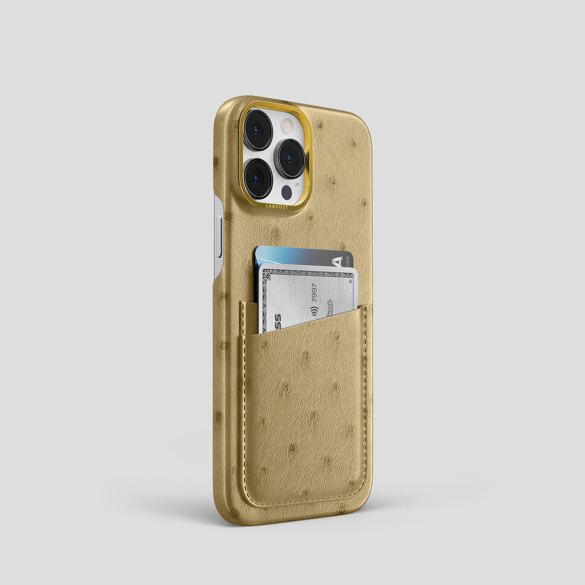 Desert-Sand iPhone 15 Pro Card Case Ostrich with Gold Metal -2 | Desert-Sand-Gold
