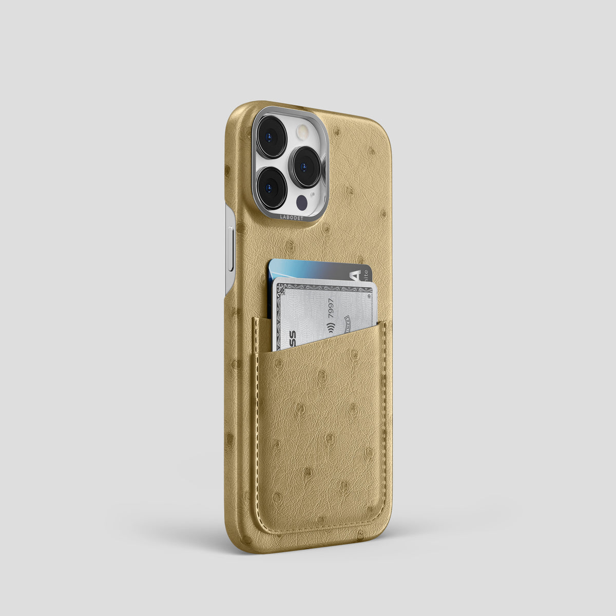 Desert-Sand iPhone 15 Pro Card Case Ostrich with Steel Metal -2 | Desert-Sand-Steel