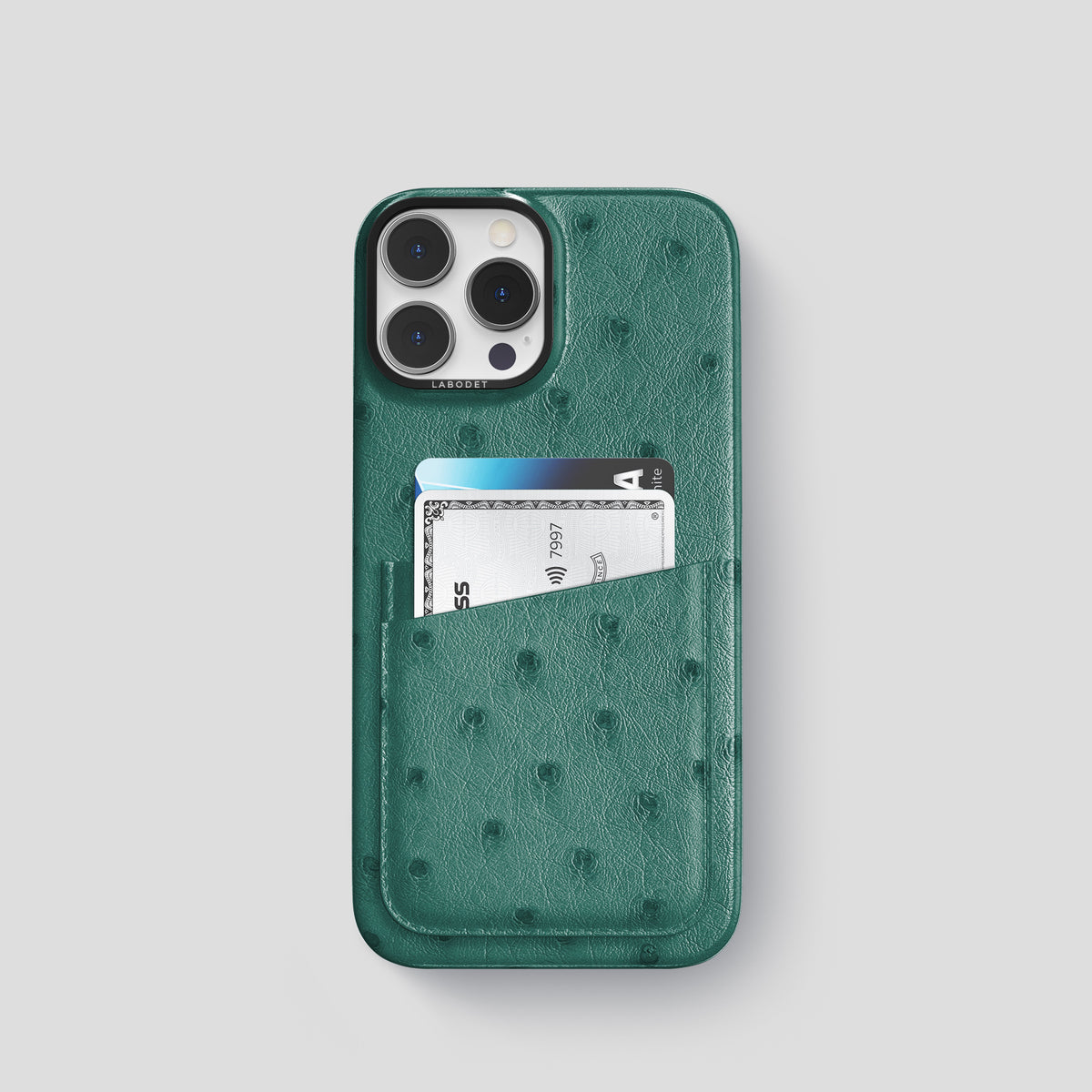 Forest-Green iPhone 15 Pro Card Case Ostrich with Black Metal -1 | Forest-Green-Black