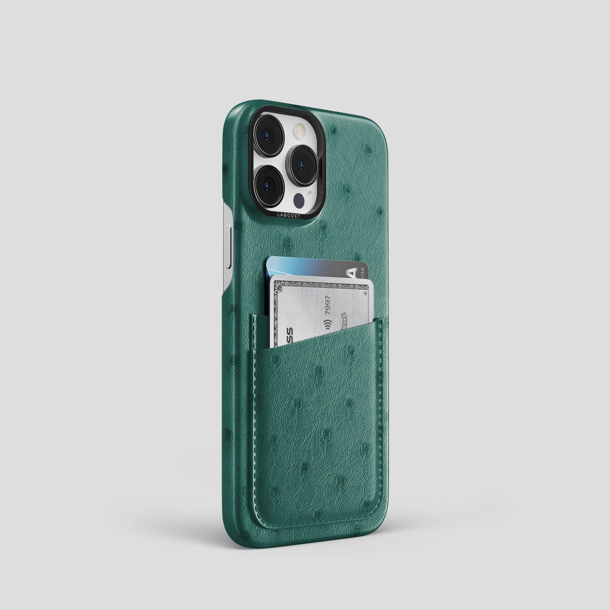 Forest-Green iPhone 15 Pro Card Case Ostrich with Black Metal -2 | Forest-Green-Black