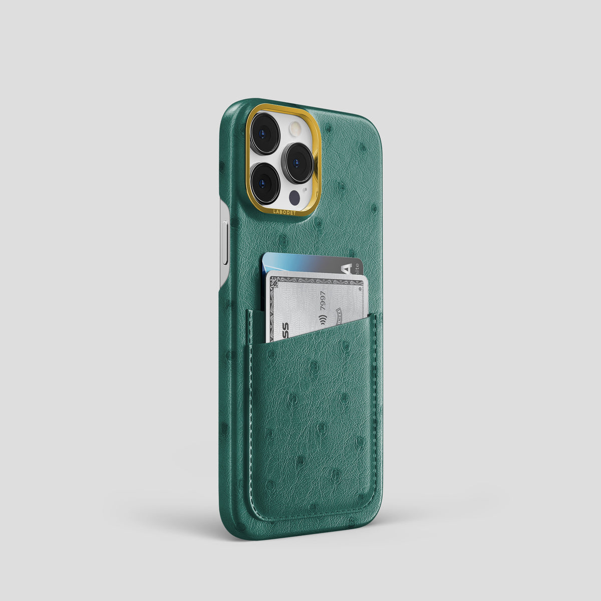 Forest-Green iPhone 15 Pro Card Case Ostrich with Gold Metal -2 | Forest-Green-Gold