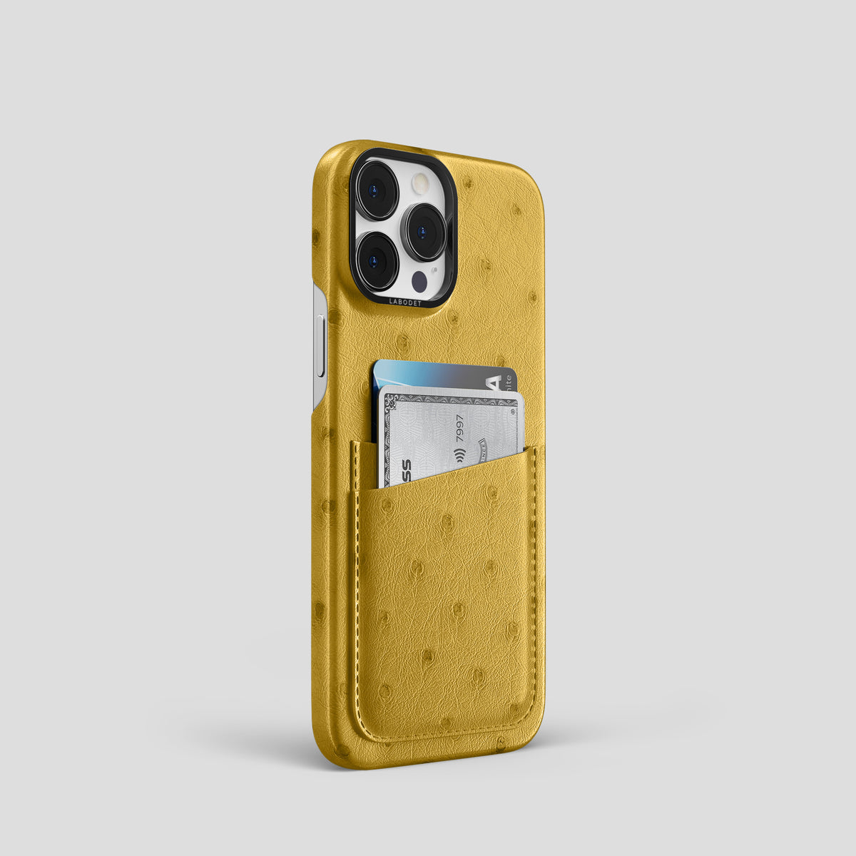 Gold iPhone 15 Pro Card Case Ostrich with Black Metal -2 | Gold-Black