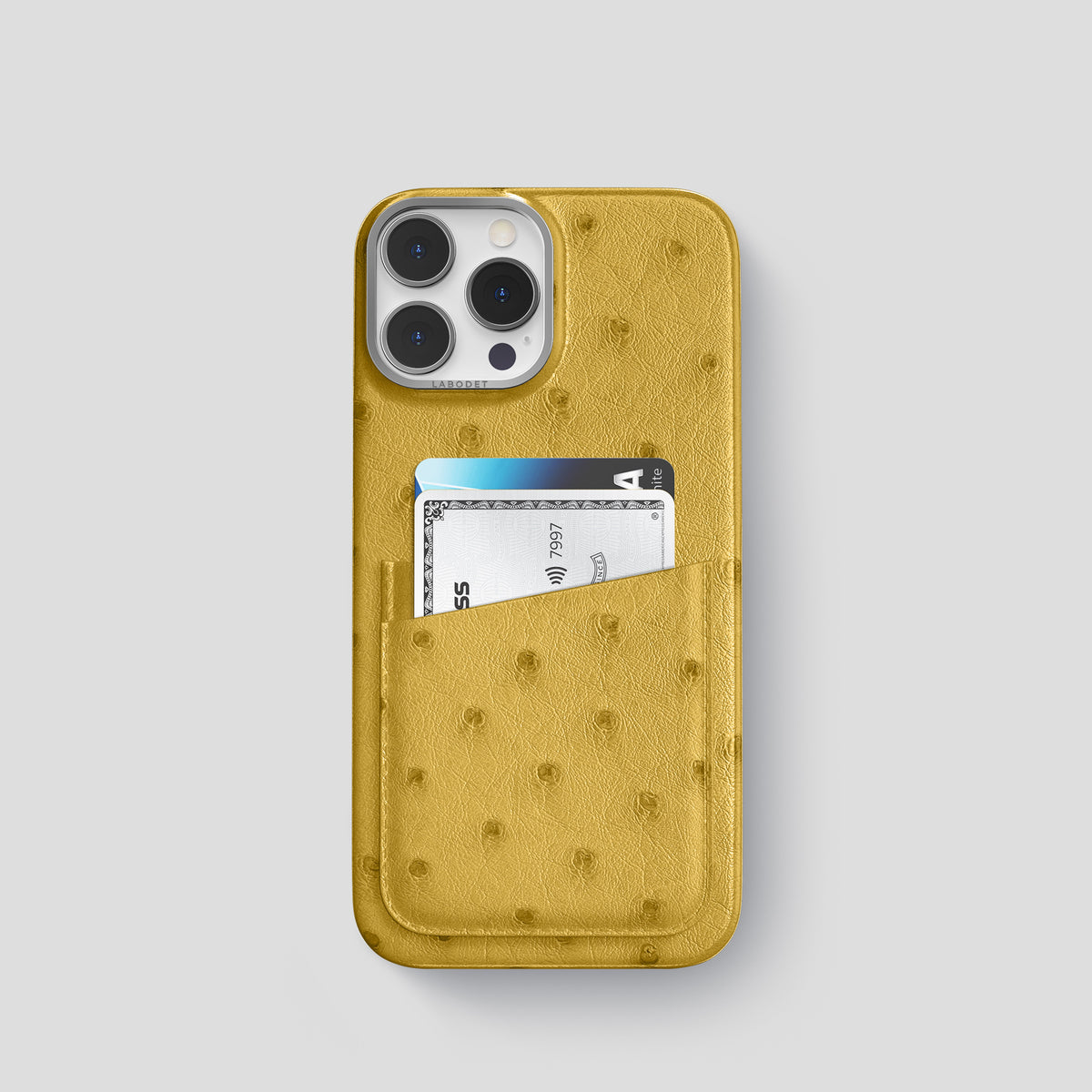 Gold iPhone 15 Pro Card Case Ostrich with Steel Metal -1 | Gold-Steel
