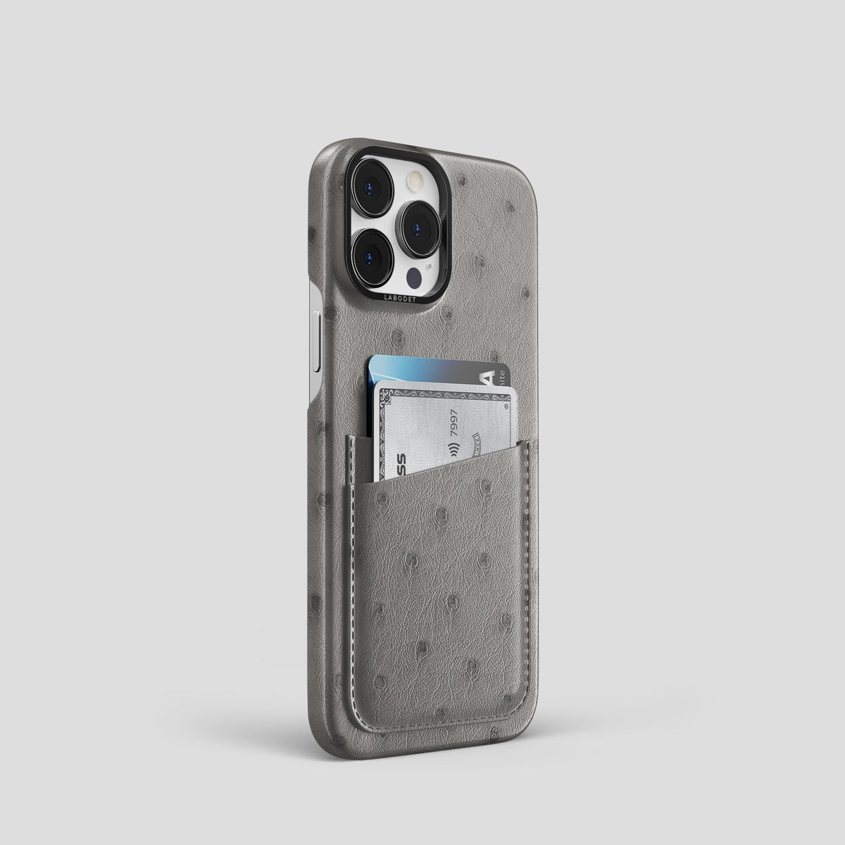 Grey iPhone 15 Pro Card Case Ostrich with Black Metal -2 | Grey-Black