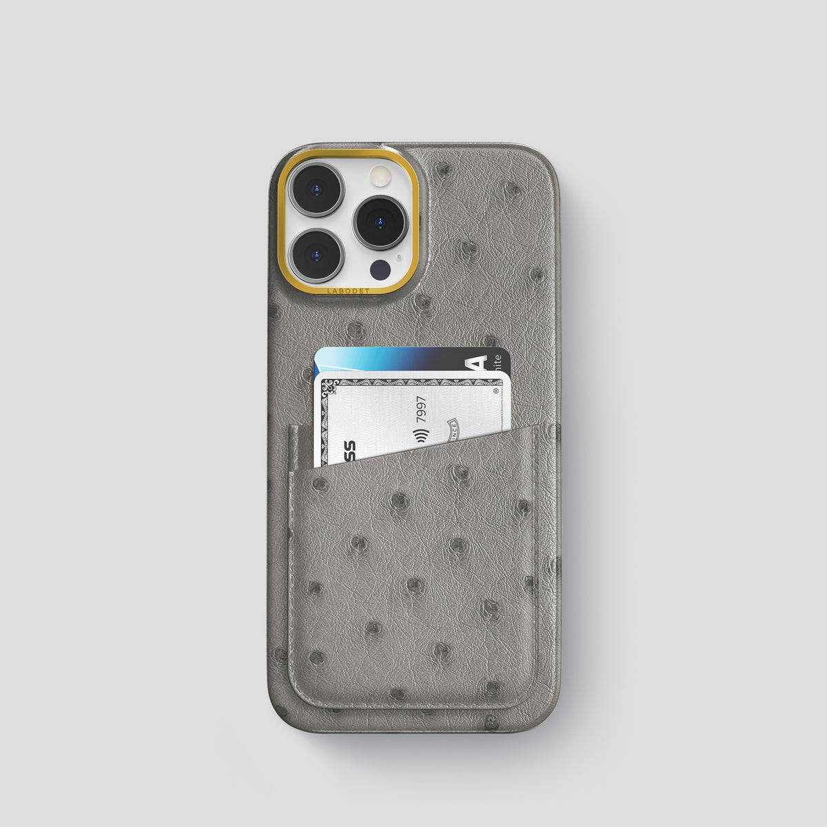 Grey iPhone 15 Pro Card Case Ostrich with Gold Metal -1 | Grey-Gold