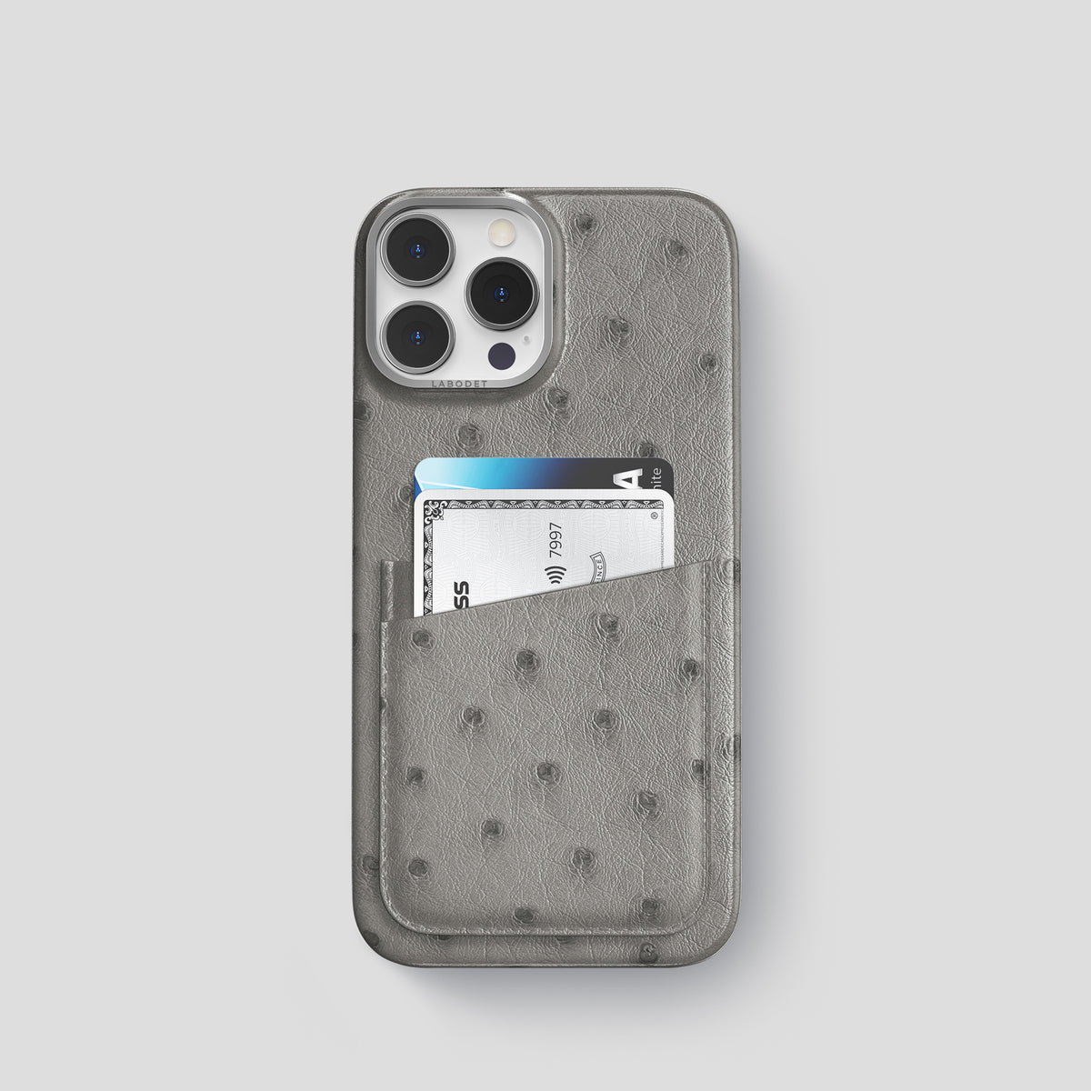 Grey iPhone 15 Pro Card Case Ostrich with Steel Metal -1 | Grey-Steel