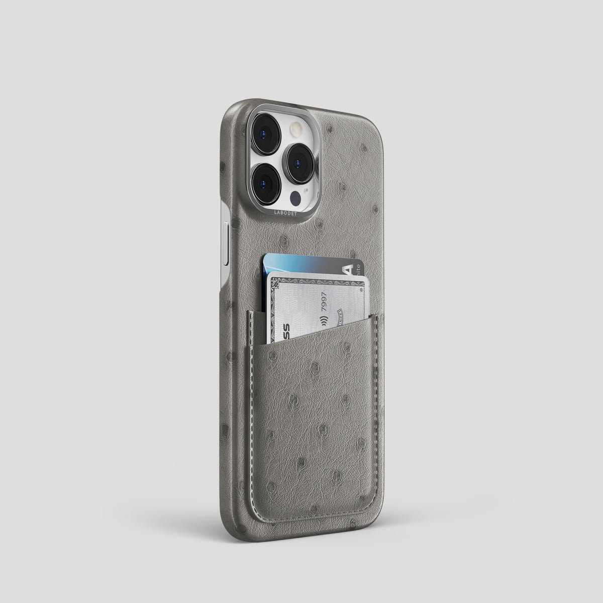 Grey iPhone 15 Pro Card Case Ostrich with Steel Metal -2 | Grey-Steel