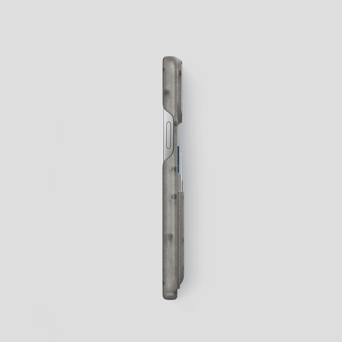 Grey iPhone 15 Pro Card Case Ostrich with Steel Metal -3 | Grey-Steel