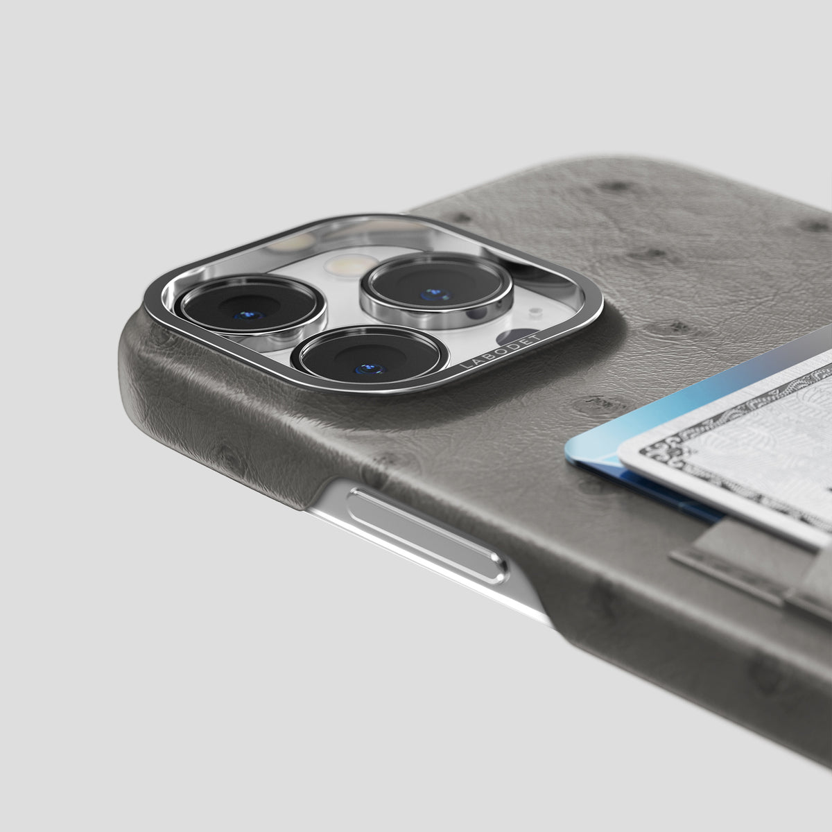 Grey iPhone 15 Pro Card Case Ostrich with Steel Metal -5 | Grey-Steel