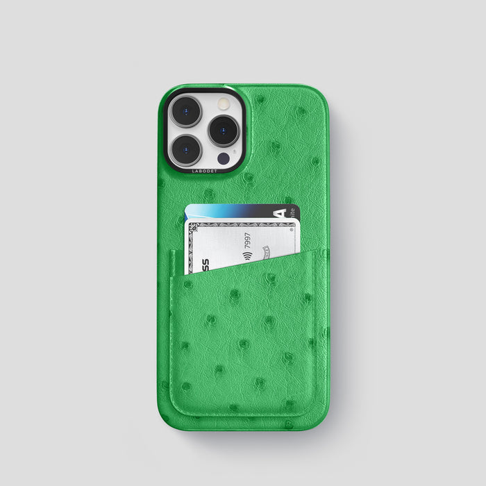 Kentucky Green iPhone 15 Pro Card Case Ostrich with Black Metal -1 | Kentucky-Green-Black