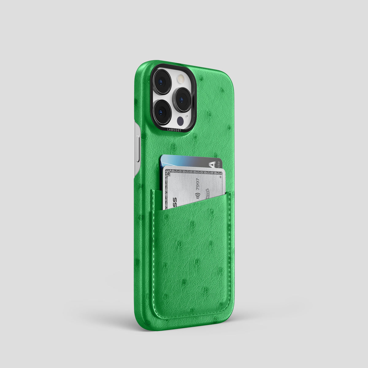 Kentucky Green iPhone 15 Pro Card Case Ostrich with Black Metal -2 | Kentucky-Green-Black