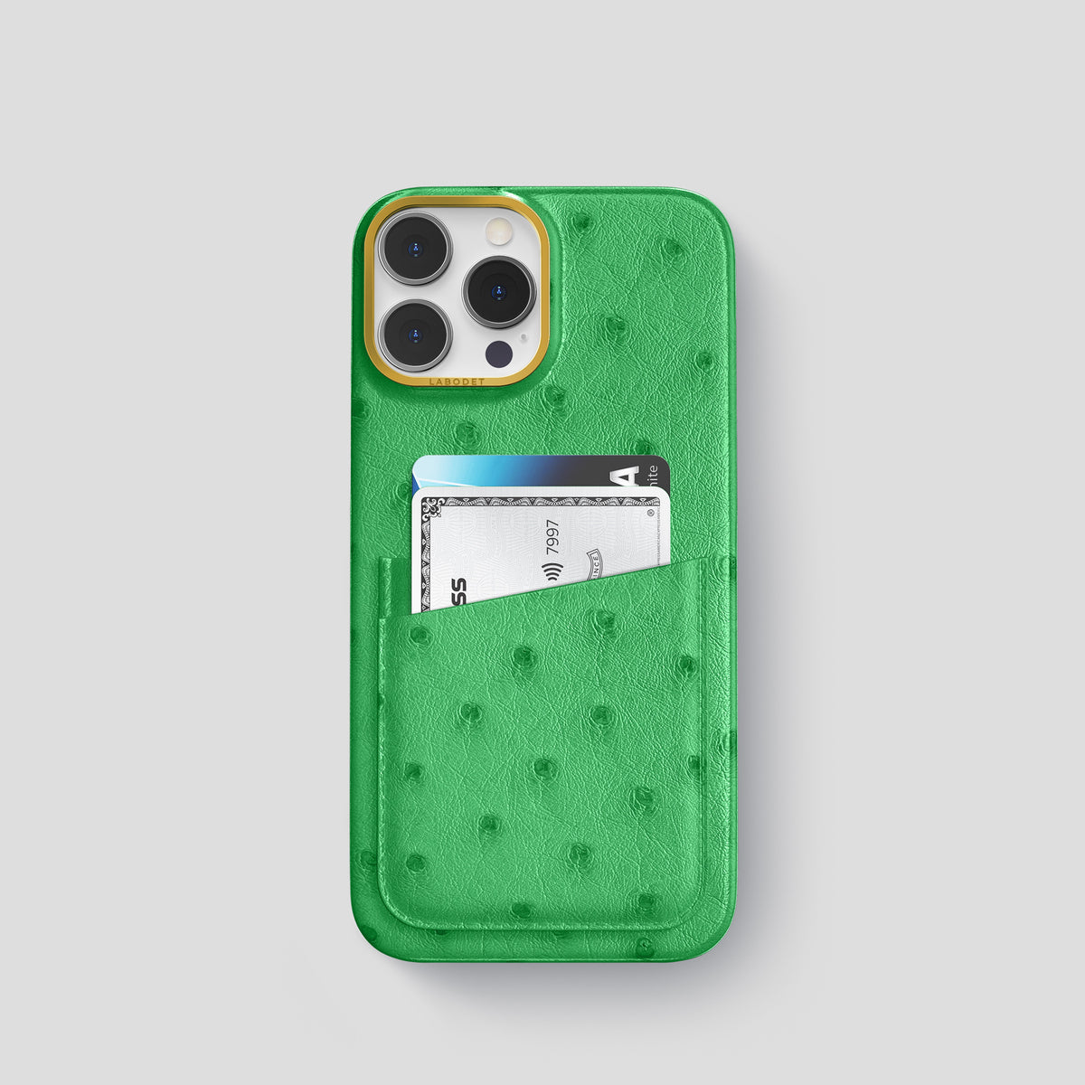 Kentucky Green iPhone 15 Pro Card Case Ostrich with Gold Metal -1 | Kentucky-Green-Gold