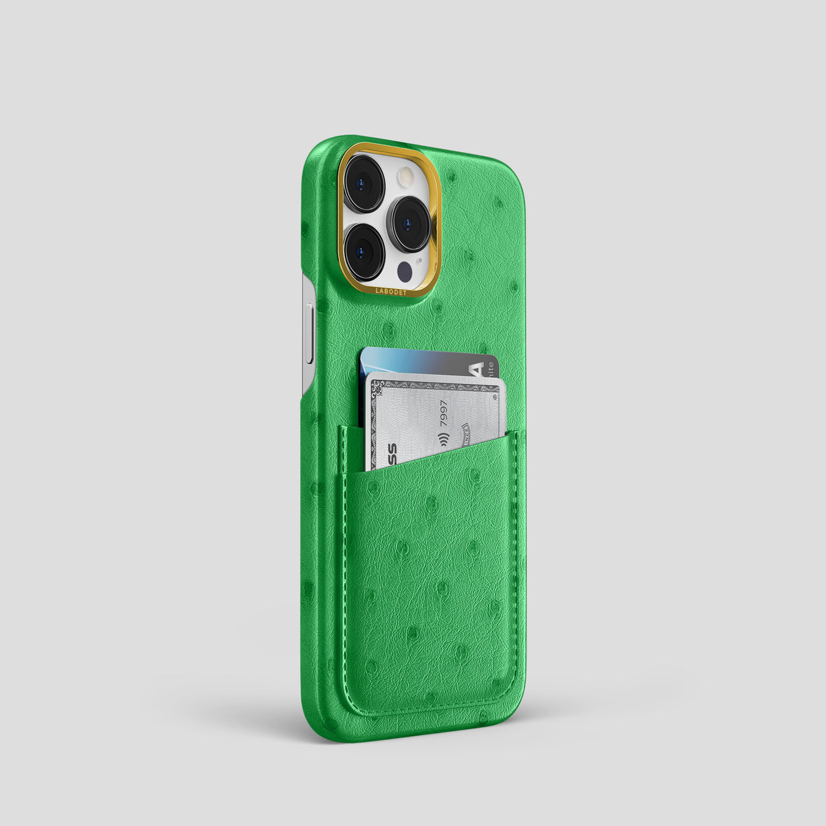 Kentucky Green iPhone 15 Pro Card Case Ostrich with Gold Metal -2 | Kentucky-Green-Gold