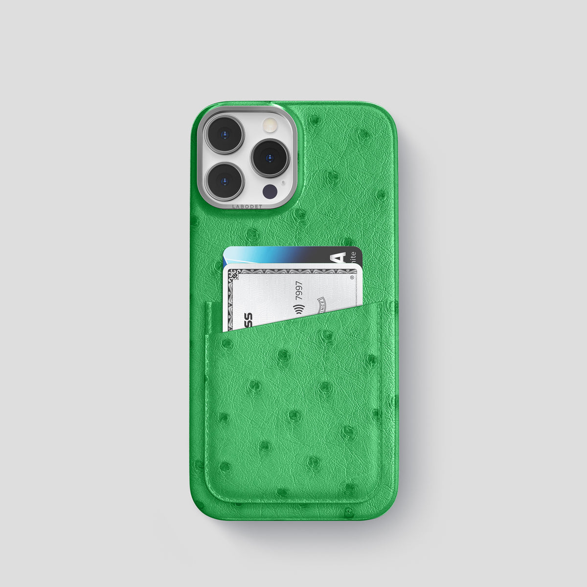 Kentucky Green iPhone 15 Pro Card Case Ostrich with Steel Metal -1 | Kentucky-Green-Steel