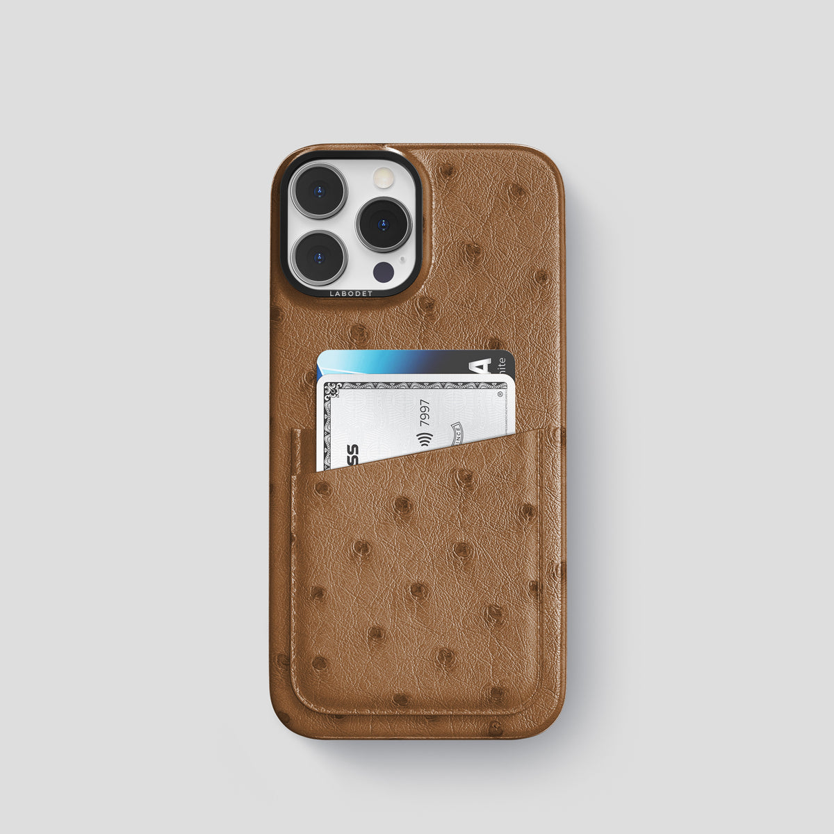 Medium-Brown iPhone 15 Pro Card Case Ostrich with Black Metal -1 | Medium-Brown-Black